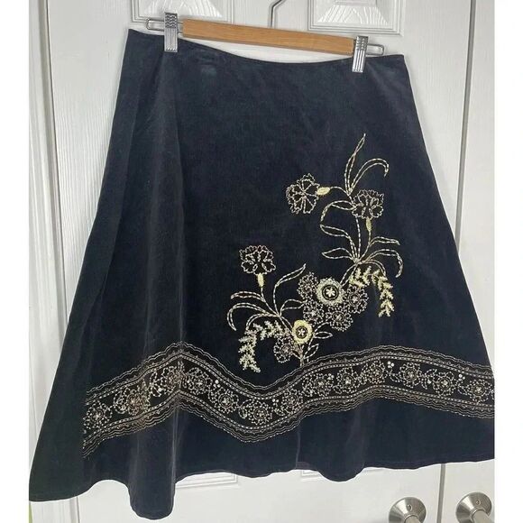 Willi Smith Black Cords Corduroy Gold Floral Embroidered Swing Full Skirt 10 - Picture 2 of 8